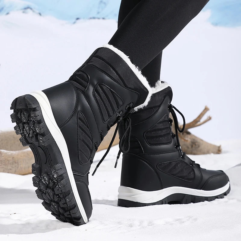 Bottes de Neige Femme Imperméables Lacets Fourrure Intérieure Mi-Mollet Hiver Randonnée - Hiverline