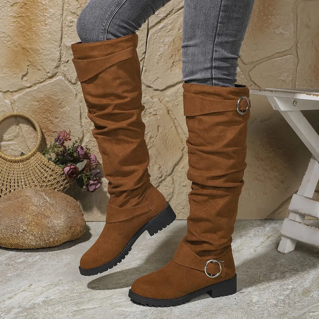Bottes Femme Cuissardes Plates Effet Froncé à Boucles - Hiverline