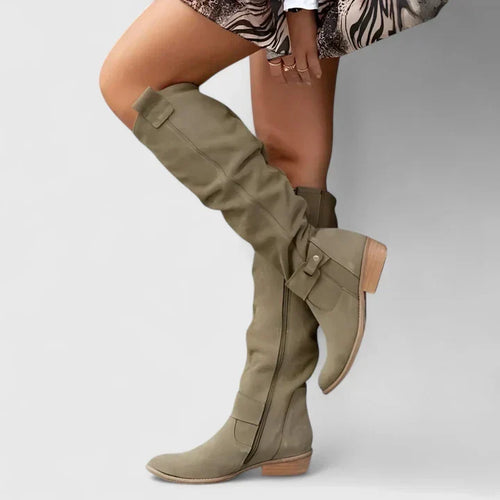 Bottes Femme Hautes à Talon Bloc Bout Pointu Effet Froncé - Hiverline