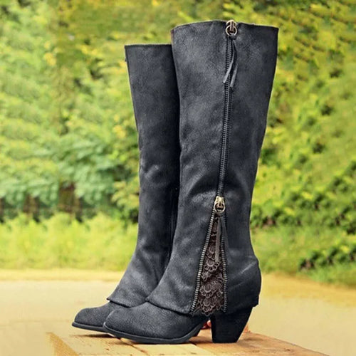Bottes Femme Montantes à Talon Bloc Insert Dentelle Fermeture Éclair - Hiverline