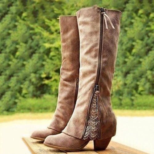Bottes Femme Montantes à Talon Bloc Insert Dentelle Fermeture Éclair - Hiverline