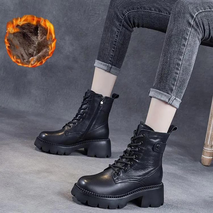Bottes Femme Plateforme Chunky à Lacets Cuir Casual Automne Hiver - Hiverline