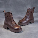 Bottes Femme Plateforme Chunky à Lacets Cuir Casual Automne Hiver - Hiverline