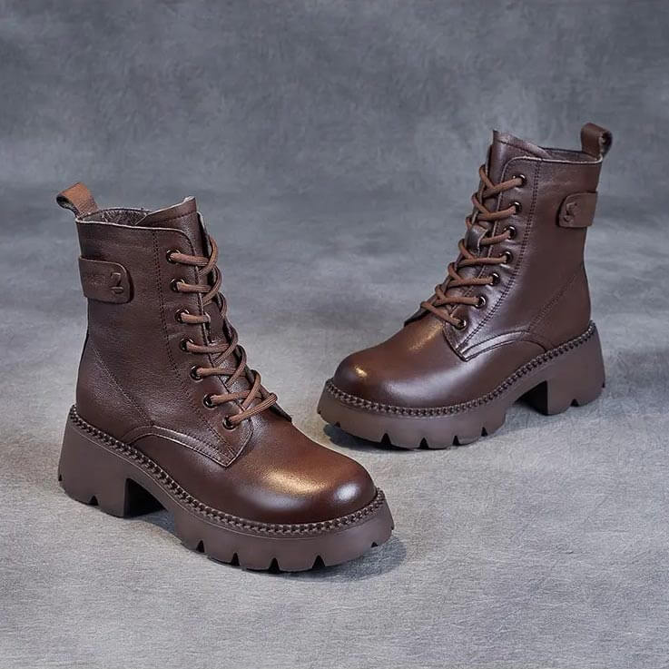 Bottes Femme Plateforme Chunky à Lacets Cuir Casual Automne Hiver - Hiverline