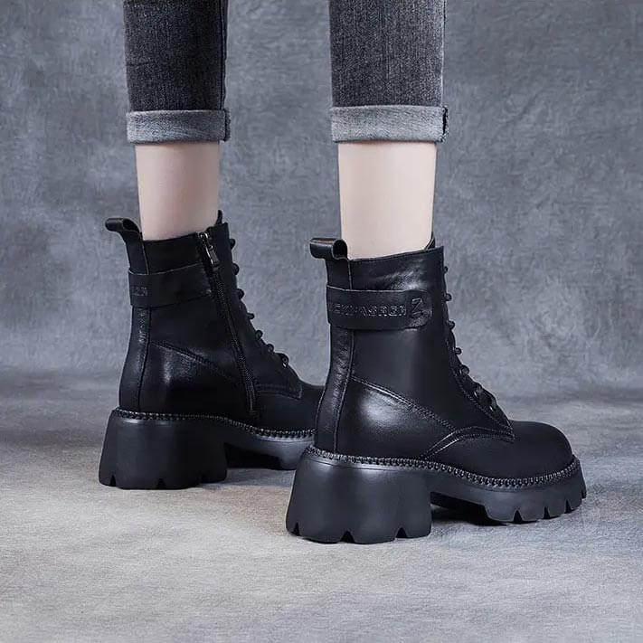Bottes Femme Plateforme Chunky à Lacets Cuir Casual Automne Hiver - Hiverline