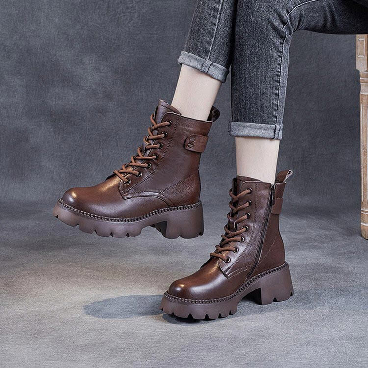 Bottes Femme Plateforme Chunky à Lacets Cuir Casual Automne Hiver - Hiverline