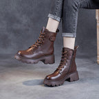Bottes Femme Plateforme Chunky à Lacets Cuir Casual Automne Hiver - Hiverline