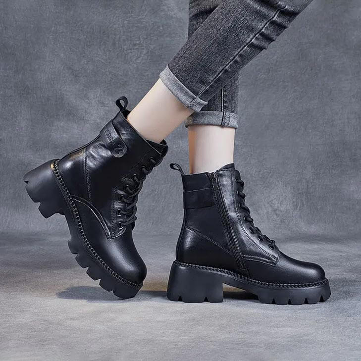 Bottes Femme Plateforme Chunky à Lacets Cuir Casual Automne Hiver - Hiverline
