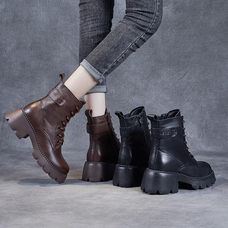 Bottes Femme Plateforme Chunky à Lacets Cuir Casual Automne Hiver - Hiverline