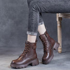 Bottes Femme Plateforme Chunky à Lacets Cuir Casual Automne Hiver - Hiverline