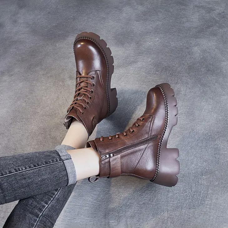 Bottes Femme Plateforme Chunky à Lacets Cuir Casual Automne Hiver - Hiverline