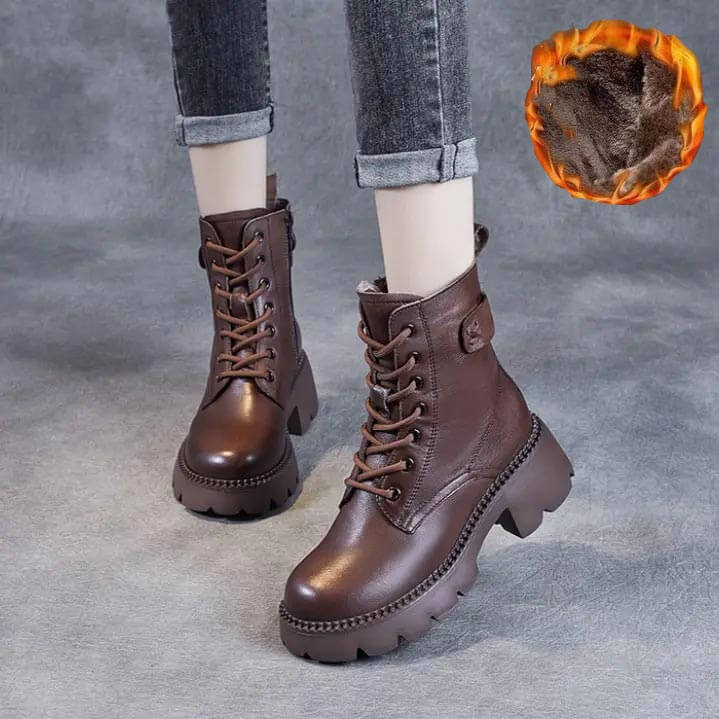 Bottes Femme Plateforme Chunky à Lacets Cuir Casual Automne Hiver - Hiverline