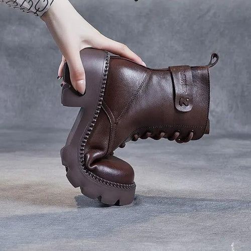 Bottes Femme Plateforme Chunky à Lacets Cuir Casual Automne Hiver - Hiverline