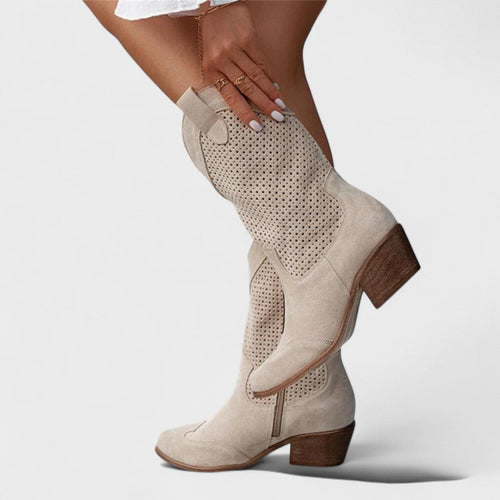 Bottes Femme Western Perforées Tige Mi-Mollet Talon Bloc - Hiverline
