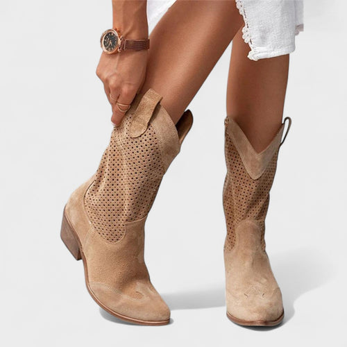 Bottes Femme Western Perforées Tige Mi-Mollet Talon Bloc - Hiverline