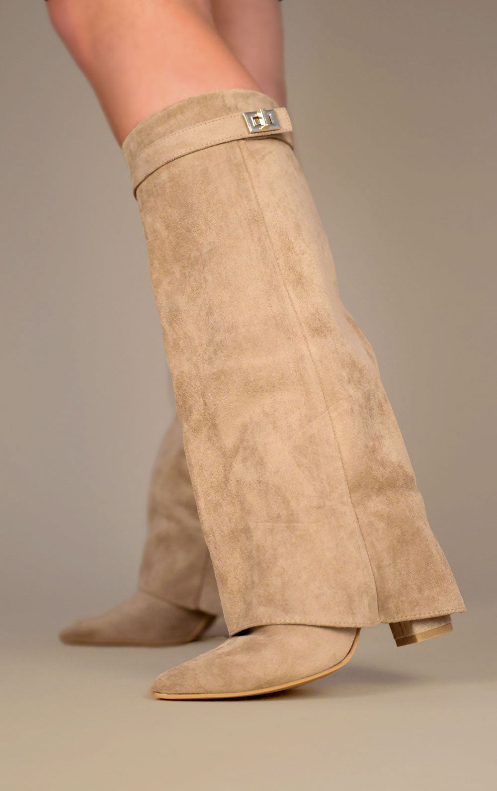 Bottes Hautes Femme à Revers en Faux Daim Bout Pointu Style Western Soirée - Hiverline