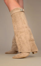 Bottes Hautes Femme à Revers en Faux Daim Bout Pointu Style Western Soirée - Hiverline