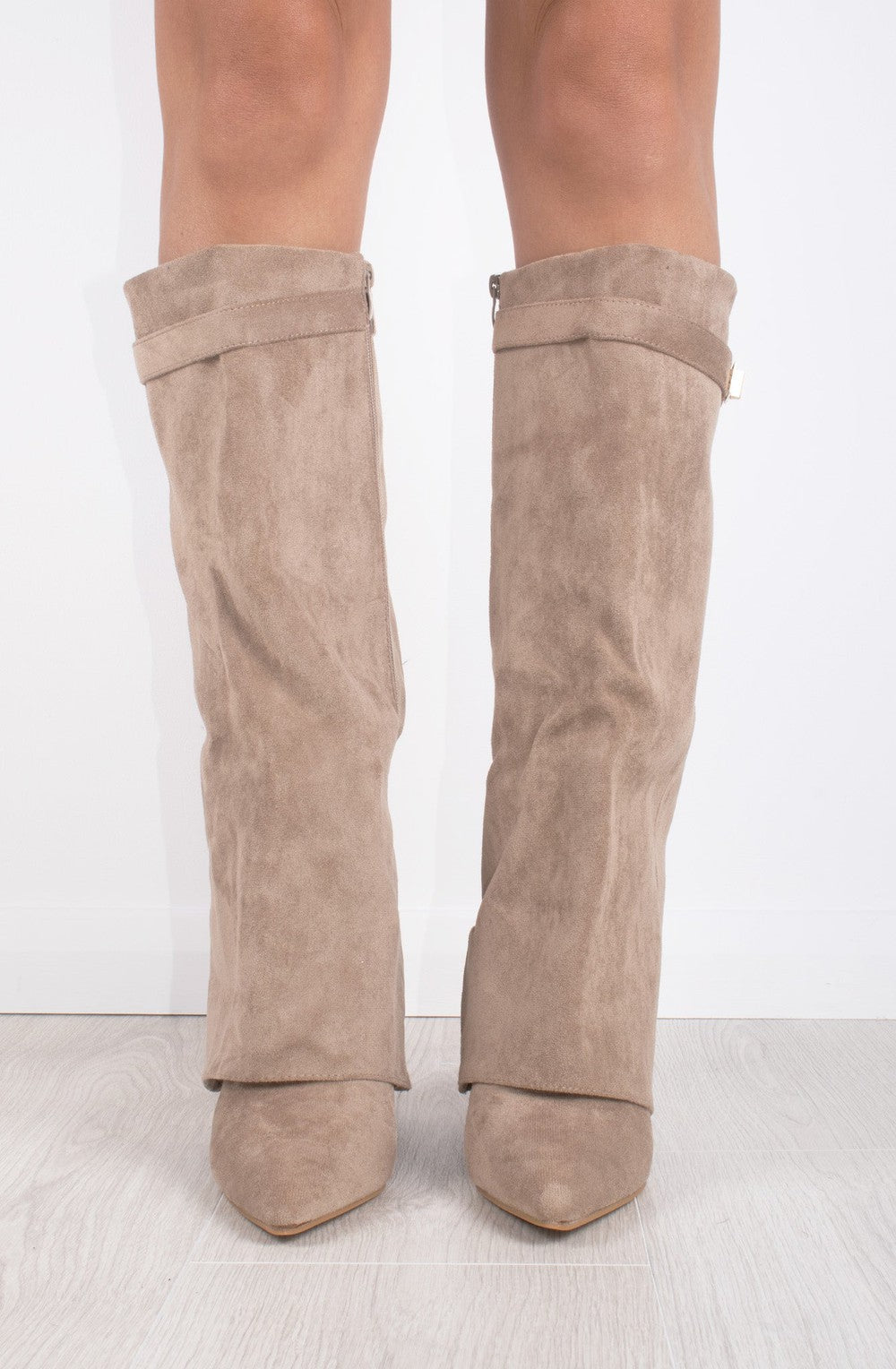Bottes Hautes Femme à Revers en Faux Daim Bout Pointu Style Western Soirée - Hiverline