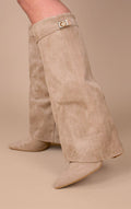 Bottes Hautes Femme à Revers en Faux Daim Bout Pointu Style Western Soirée - Hiverline
