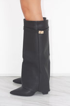 Bottes Hautes Femme à Revers Western avec Boucle Dorée — Bout Pointu Sortie Nocturne - Hiverline
