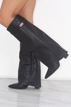 Bottes Hautes Femme à Revers Western avec Boucle Dorée — Bout Pointu Sortie Nocturne - Hiverline