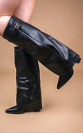 Bottes Hautes Femme à Revers Western avec Boucle Dorée — Bout Pointu Sortie Nocturne - Hiverline