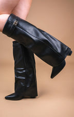 Bottes Hautes Femme à Revers Western avec Boucle Dorée — Bout Pointu Sortie Nocturne - Hiverline