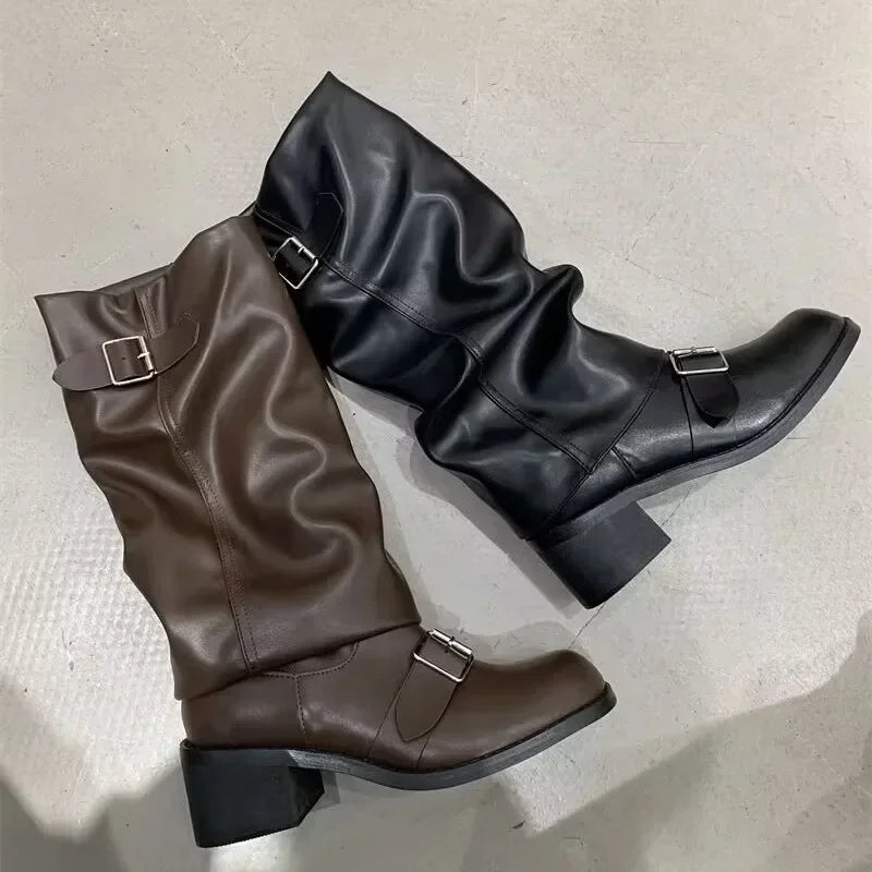 Bottes Hautes Femme Genou Style Rock Gothique Punk Moto Cuir Boucles - Hiverline
