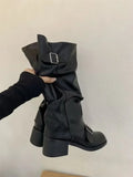 Bottes Hautes Femme Genou Style Rock Gothique Punk Moto Cuir Boucles - Hiverline