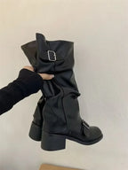 Bottes Hautes Femme Genou Style Rock Gothique Punk Moto Cuir Boucles - Hiverline