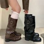 Bottes Hautes Femme Genou Style Rock Gothique Punk Moto Cuir Boucles - Hiverline