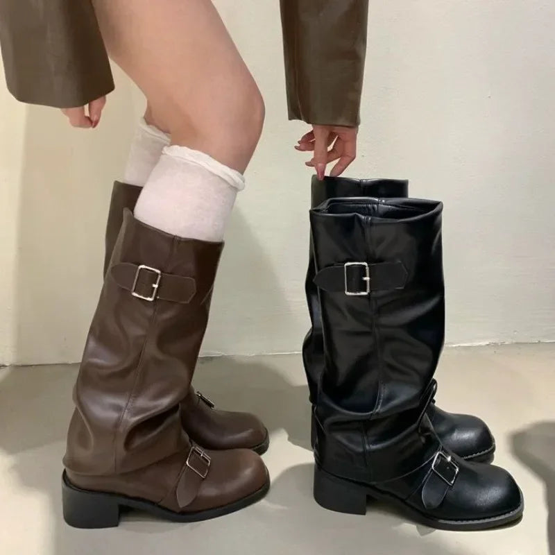 Bottes Hautes Femme Genou Style Rock Gothique Punk Moto Cuir Boucles - Hiverline