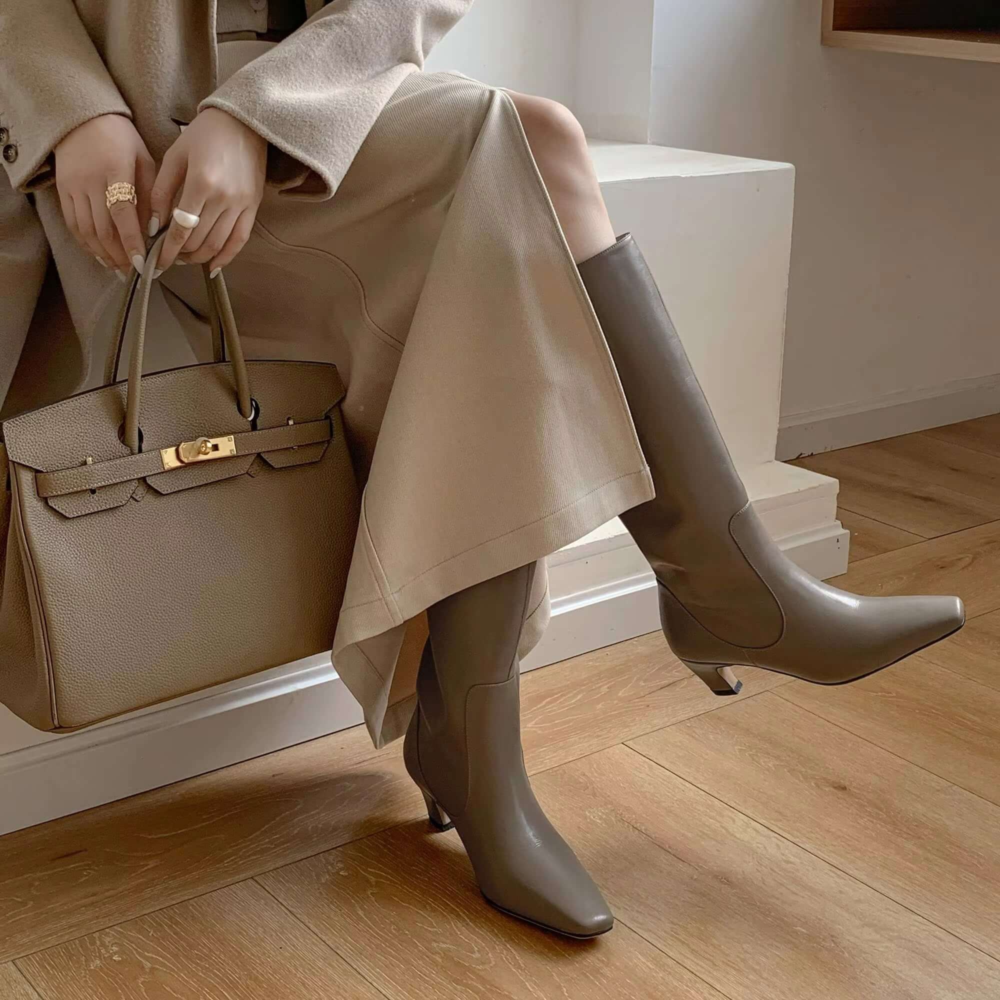 Bottes Hautes Femme Jusqu'aux Genoux Talon Moyen Carré Bureau Automne Hiver - Hiverline