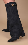 Bottes Montantes Femme à Revers Suédine Boucle Dorée Soirée Western - Hiverline
