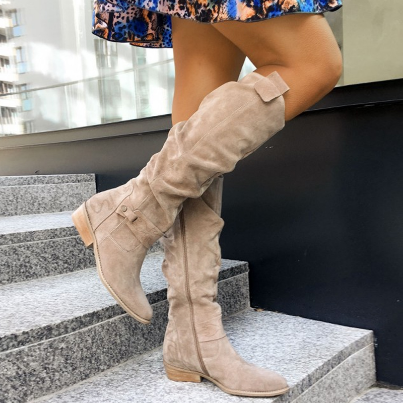 Bottes Slouch Femme au-Dessus du Genou à Fermeture Éclair Latérale Talon Bloc Automne Hiver - Hiverline