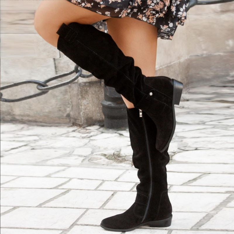 Bottes Slouch Femme au-Dessus du Genou à Fermeture Éclair Latérale Talon Bloc Automne Hiver - Hiverline
