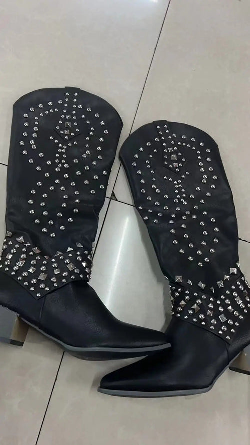 Bottes Western Femme Cloutées Hauteur Genou Bout Pointu Talon Bloc - Hiverline