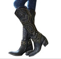 Bottes Western Femme Cloutées Hauteur Genou Bout Pointu Talon Bloc - Hiverline