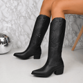 Bottes Western Femme Hauteur Genou Brodées Talon Bloc Hiver - Hiverline