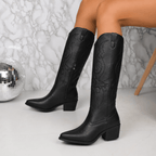 Bottes Western Femme Hauteur Genou Brodées Talon Bloc Hiver - Hiverline