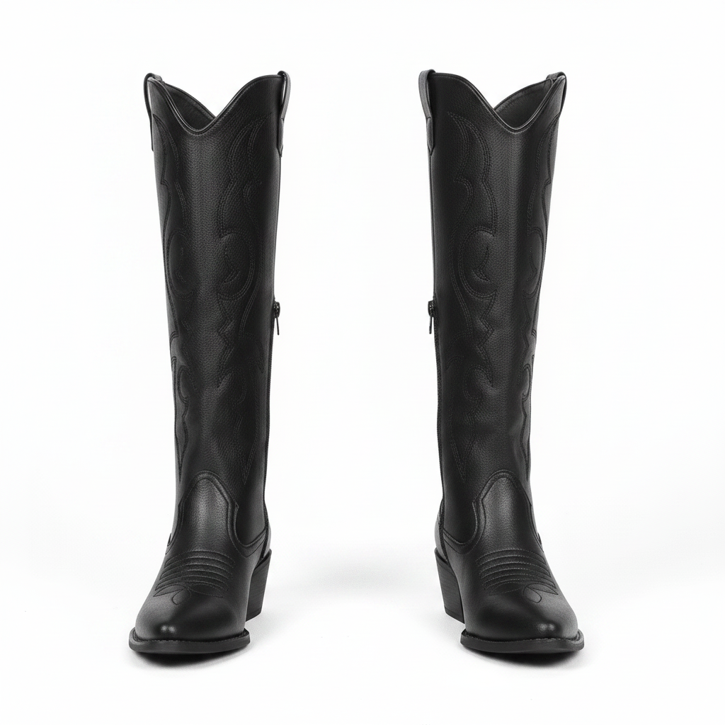 Bottes Western Femme Hauteur Genou Brodées Talon Bloc Hiver - Hiverline