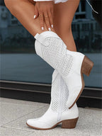 Bottes Western Femme Mi-Mollet Perforées Talon Bloc Cowboy Casual - Hiverline