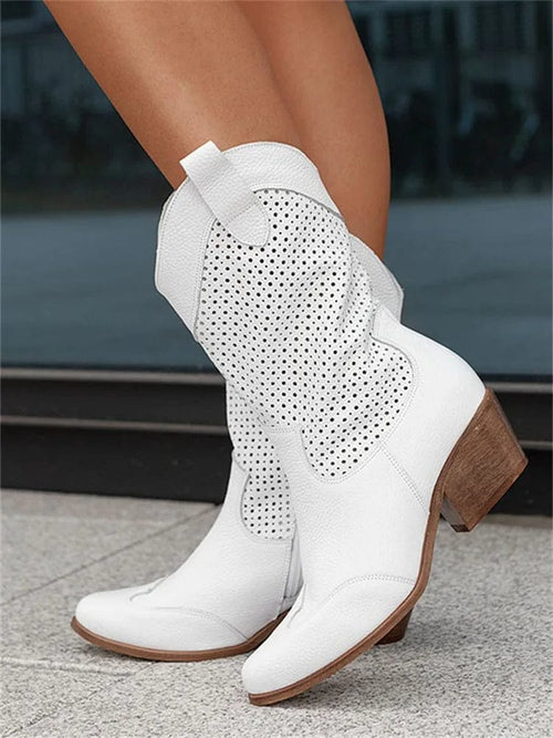 Bottes Western Femme Mi-Mollet Perforées Talon Bloc Cowboy Casual - Hiverline