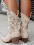 Bottes Western Femme Mi-Mollet Perforées Talon Bloc Cowboy Casual - Hiverline