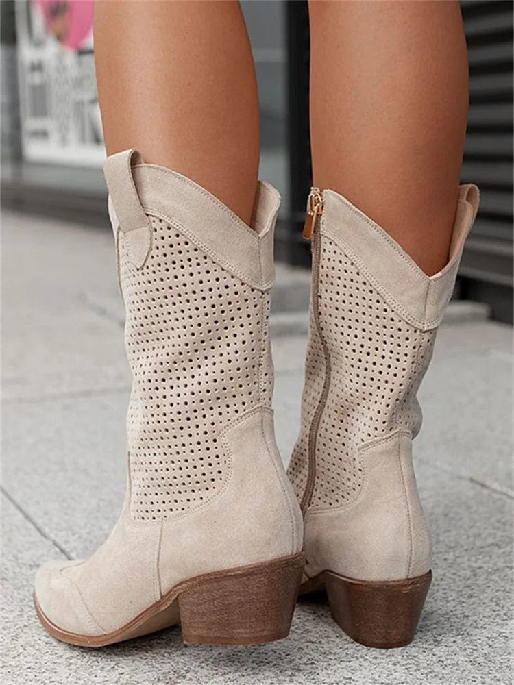 Bottes Western Femme Mi-Mollet Perforées Talon Bloc Cowboy Casual - Hiverline