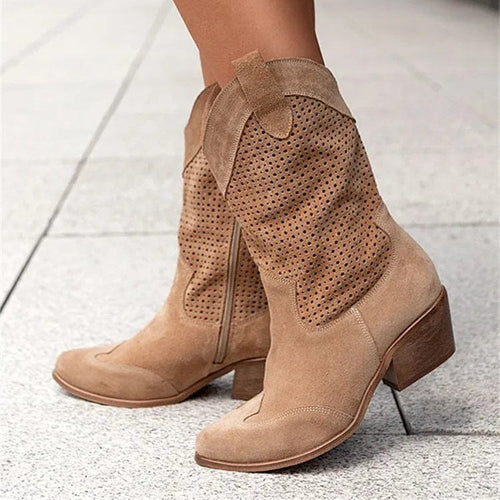 Bottes Western Femme Mi-Mollet Perforées Talon Bloc Cowboy Casual - Hiverline