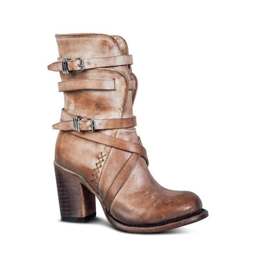 Bottines Femme à Sangles Boucles Talon Bloc Fermeture Éclair Casual Western - Hiverline