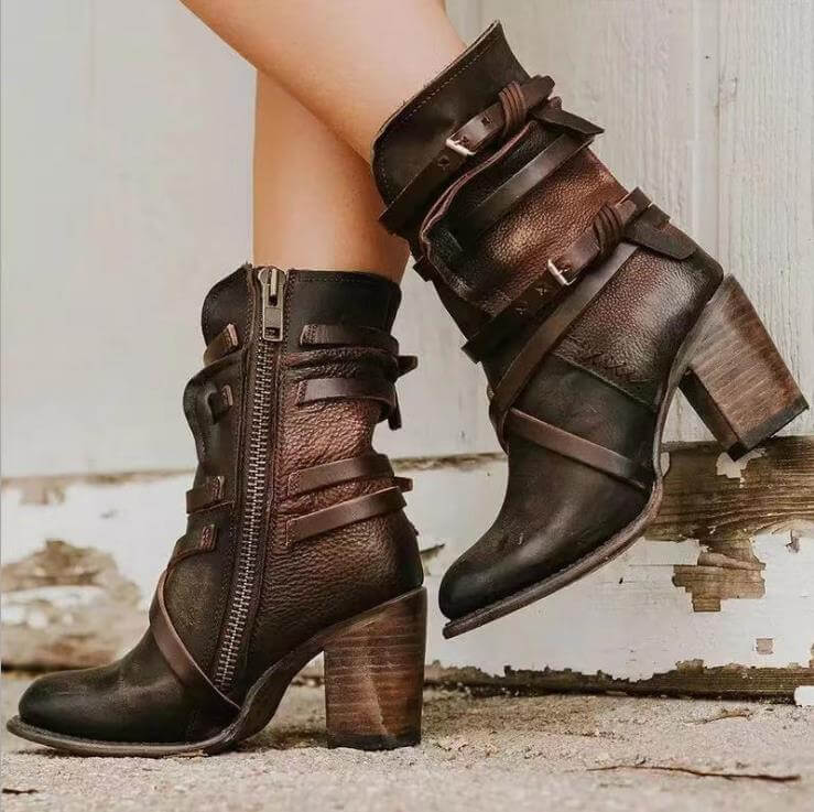 Bottines Femme à Sangles Boucles Talon Bloc Fermeture Éclair Casual Western - Hiverline