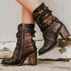 Bottines Femme à Sangles Boucles Talon Bloc Fermeture Éclair Casual Western - Hiverline
