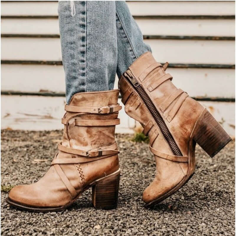 Bottines Femme à Sangles Boucles Talon Bloc Fermeture Éclair Casual Western - Hiverline
